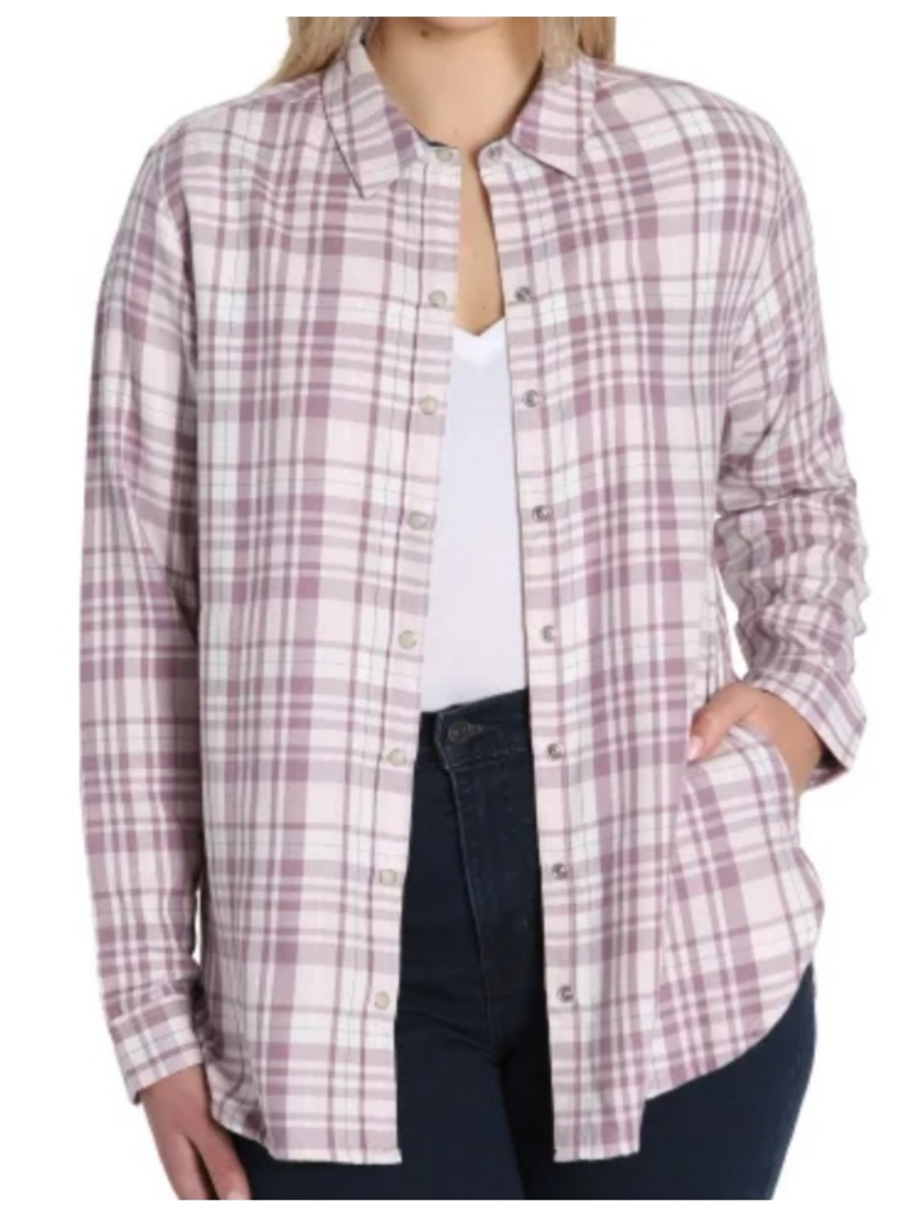 Jach’s Girlfriend New York Pearl Snap Purple Plaid Flannel with Side seam Pocket
